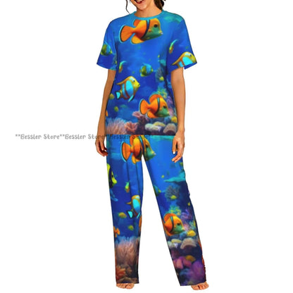 Women's Comfort Pajamas Women's Sea Fish Marine Life Short Sleeve Set Sleepwear by All Mart Bristol Ltd