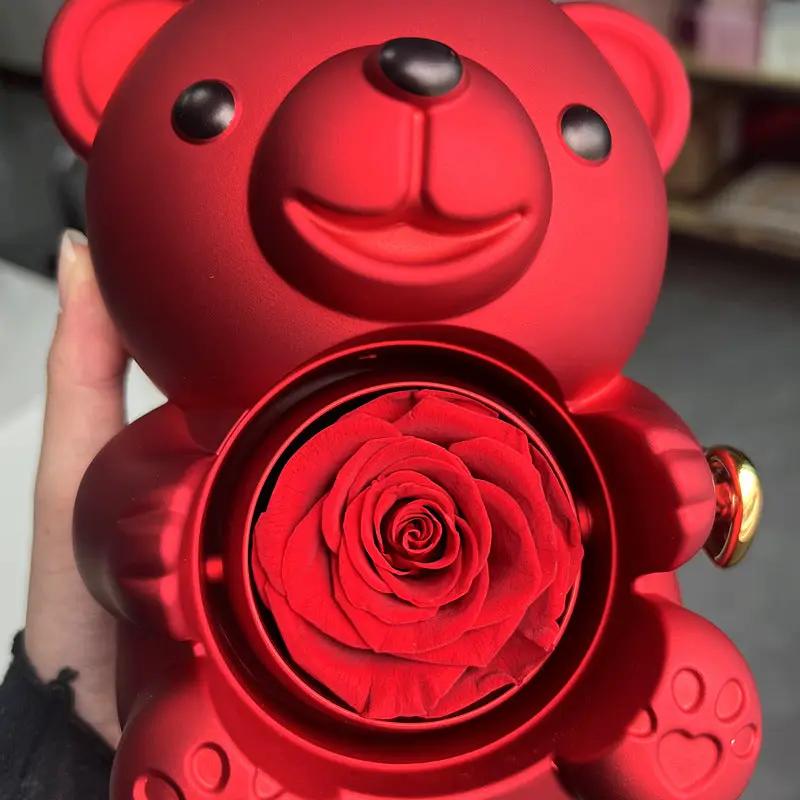 Rotating Bear Gift Box Eternal Rose Teddy Bear Jewelry Box With Necklace Valentine Wedding Special Present For Girlfriend Anniversary Gift Jewelry Box by Dropshipman