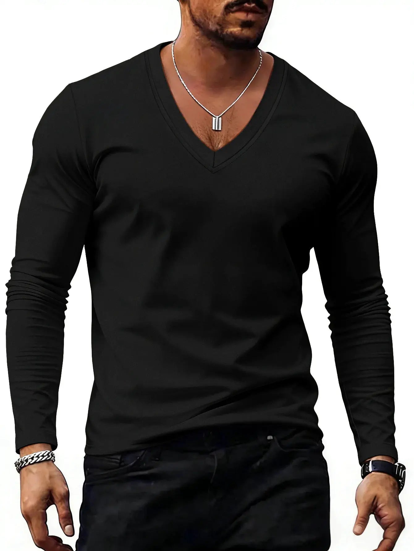 Men V Neck Solid Color Long Sleeve T Shirt Casual Slim Fit Basic Tops for Spring Autumn Daily Wear by All Mart Bristol Ltd