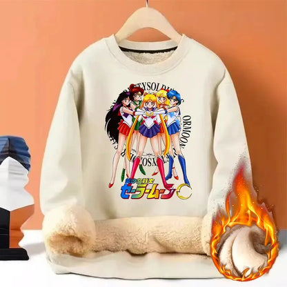 Sailor Moon Woman Thick Sweatshirt Lamb Wool Round Neck Hoodid Girl Cute Long Sleeves Fashion Sportswear Winter Warm Cartoon Top by All Mart Bristol Ltd
