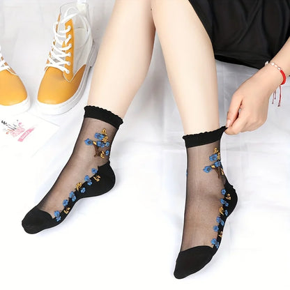 5 Pairs Floral Embroidery Sheer Socks, Ultra-Thin Crystal Silk, Breathable Non-Slip Ankle Socks for Women