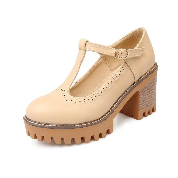 Korean-style Low-Top Single-Buckle Japanese-Style Retro Lace-trimmed Thick-soled Womens High Heels by Dropshipman