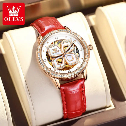 OLEVS Elegant Fashion Women's Watches Lucky Four-Leaf Clover Dial Original Brand Automatic Mechanical Wristwatch Ceramics Strap by All Mart Bristol Ltd