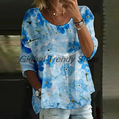 Women's Watercolor Floral Print 3/4 Sleeve Blouse Loose Fit Crew Neck Tunic Tops Lady's Daily Top Shirts by All Mart Bristol Ltd