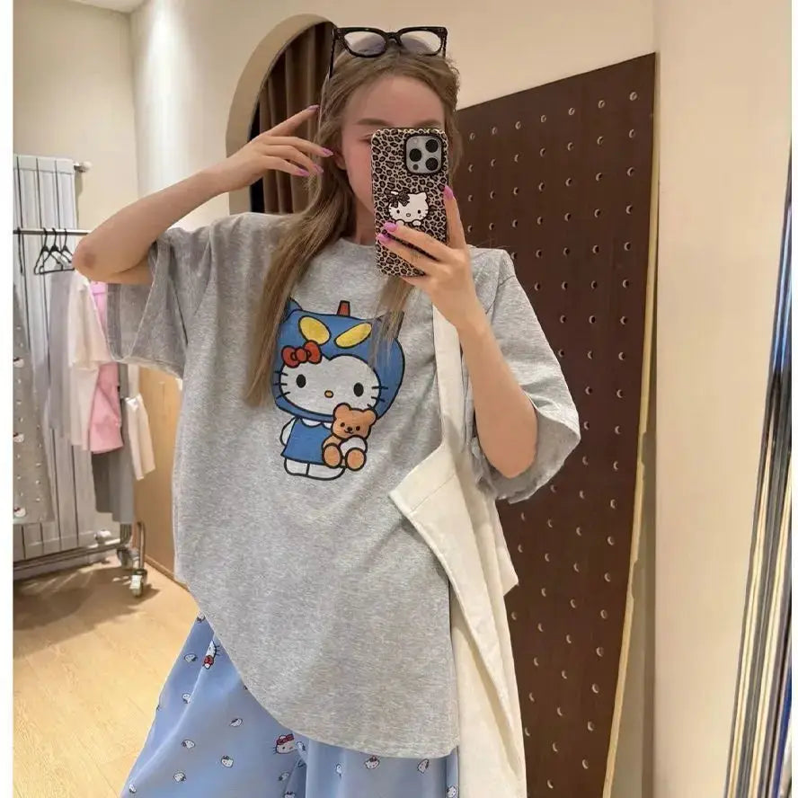 Short Sleeved Hello Kitty Printed T-Shirt Sanrio Women's Summer New Loose Design Versatile Pure Cotton Tops Fun Street Fashion by All Mart Bristol Ltd