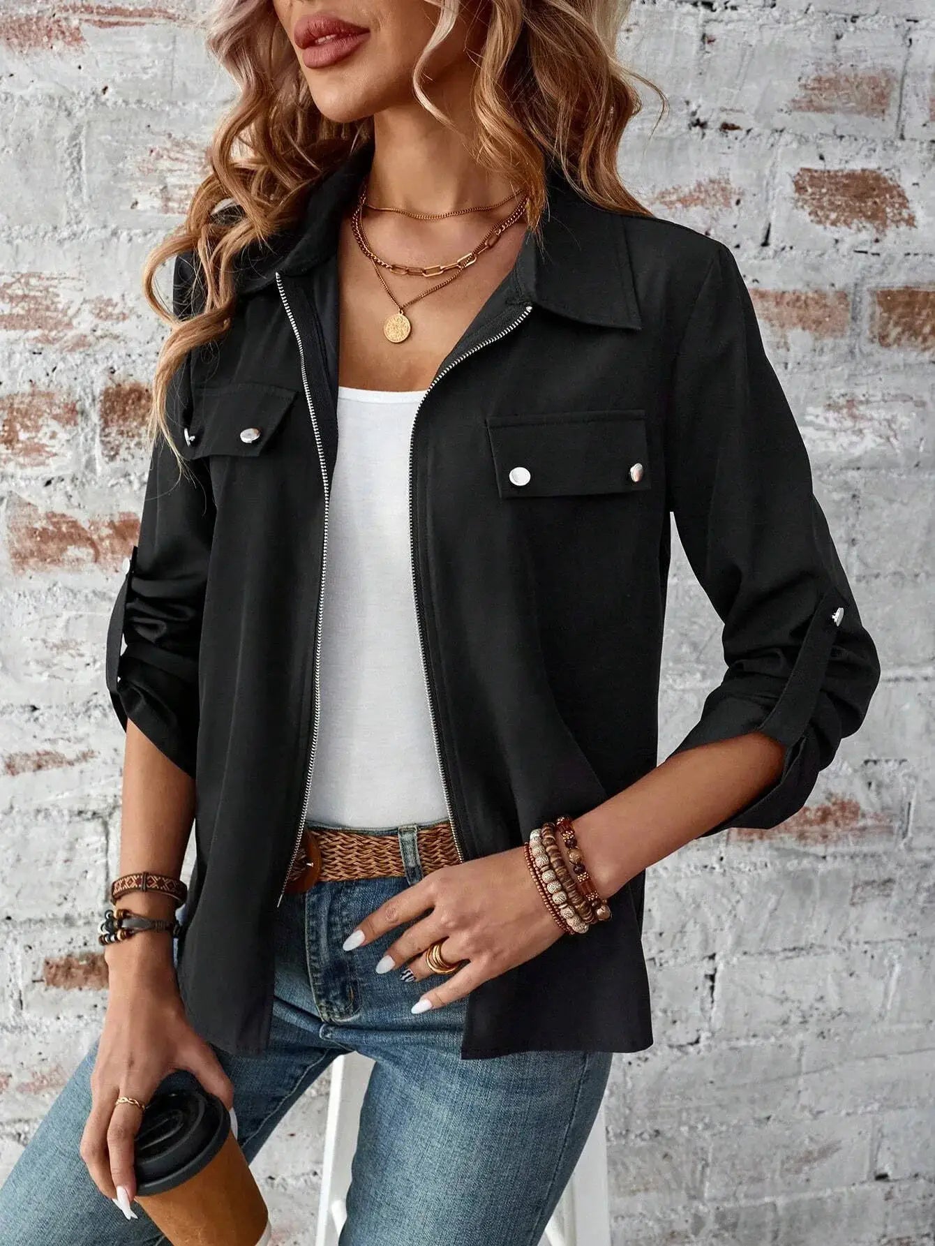 New Style European-Style Collar Zipper Cardigan with A Hood and A Plain-Colored Long-Sleeved Coat for Women by All Mart Bristol Ltd