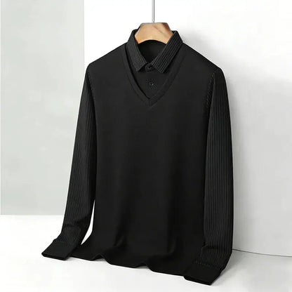Men's Fake Two Piece Shirt Collar V Neck Long Sleeve Top Khaki Striped Casual Fashion Soft Fabric Daily Wear Blouse by All Mart Bristol Ltd