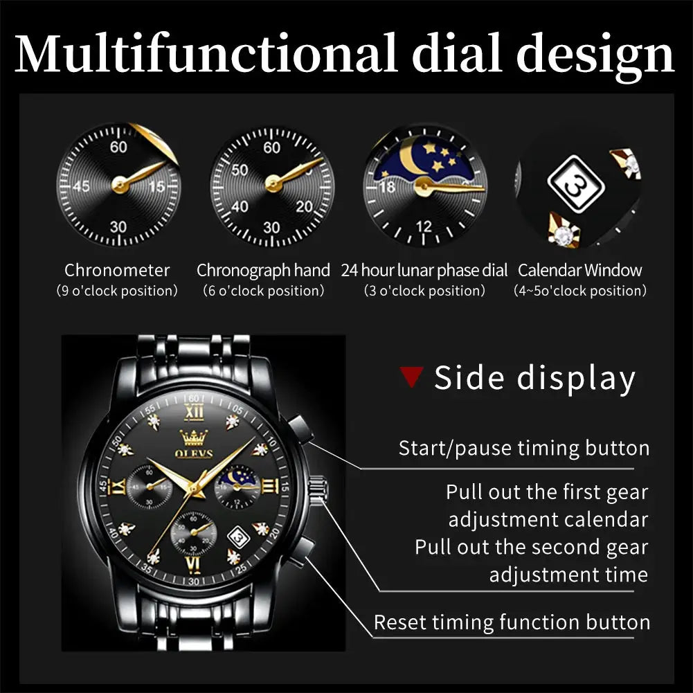 OLEVS Popular men's watches stainless steel black Moon Phase Chronograph quartz watch for man date Original brand wristwatch by All Mart Bristol Ltd