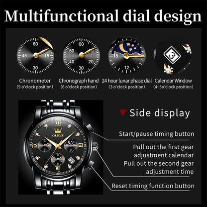 OLEVS Popular men's watches stainless steel black Moon Phase Chronograph quartz watch for man date Original brand wristwatch by All Mart Bristol Ltd