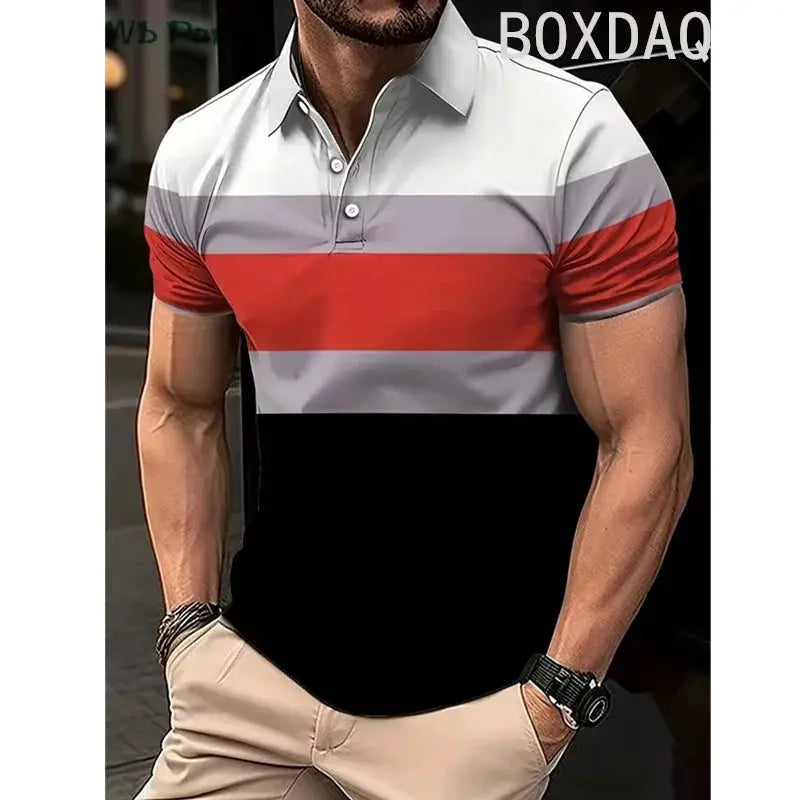 Classic Striped Print Polo Shirt Men's Business Casual Tops Simple Basic Polos Men Summer Big Size Short Sleeve Lapel Polo Shirt by All Mart Bristol Ltd