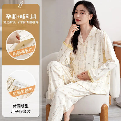 Maternity Women Pajamas Set Pregnant Pure Cotton Breastfeeding Loungewear Sweet Long Sleeve Trousers Cardigan 2 Piece Set Pjs by All Mart Bristol Ltd
