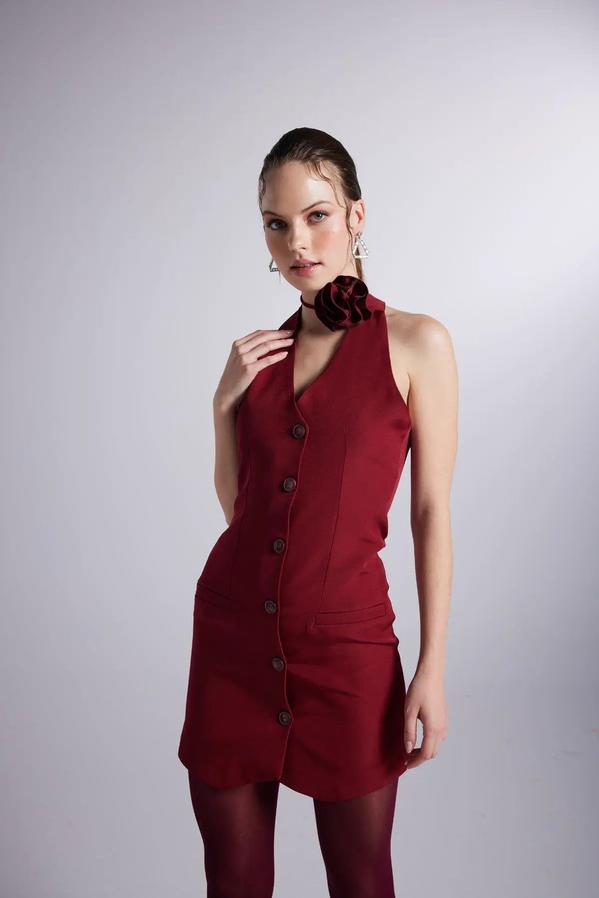 Becca Burgundy Rose Accessorized Mini Dress by Holly Lolly