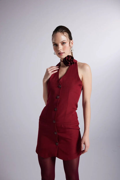 Becca Burgundy Rose Accessorized Mini Dress by Holly Lolly