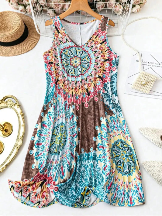 Plus Size Women'S All over Print Sleeveless Vest Dress, Basic Boho Tank Dress, Perfect for Vacation and Home Use, Comfortable and Stylish, Casual Wear by All Mart Bristol Ltd