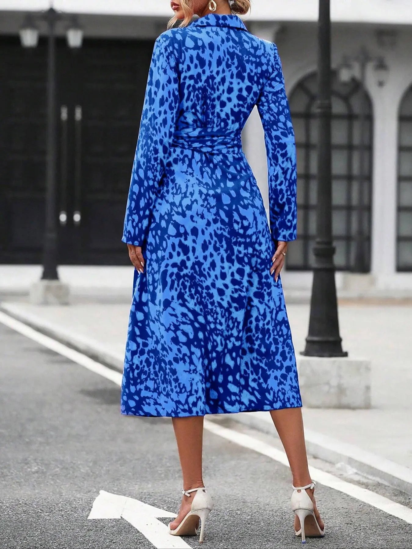 Women'S Spring Autumn Elegant Boho Casual Wear Geometric Tie Dye Print Button Front Belt Midi Dress, Long Sleeve Fitted Design, Multiple Color Options, Womenswear by All Mart Bristol Ltd