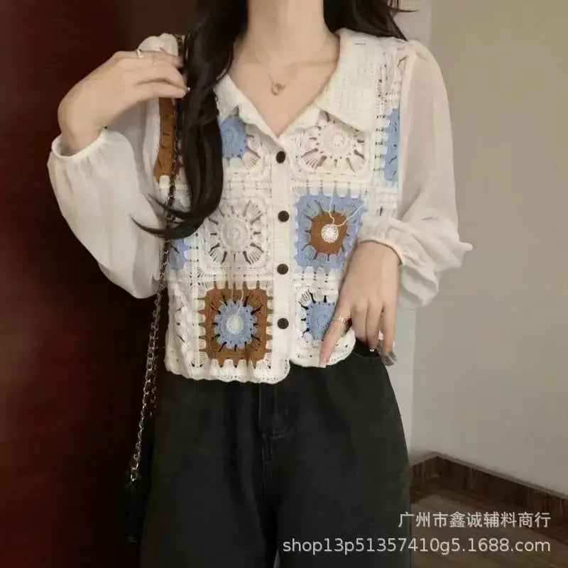 New Embroidered Lace Collar Short-Sleeved Chiffon Blouse for Women - Minimalist Chic Style, with Open and Loose Fit Top. by All Mart Bristol Ltd