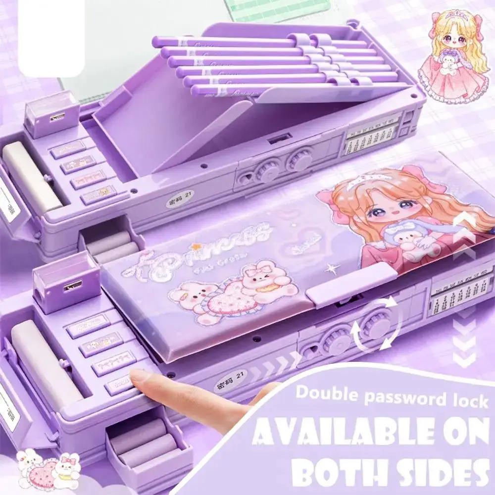 Cartoon Double Layer Pencil Case Large Capacity with Combination Lock Stationery Box Mechanical Pen Box Back to School Gift by All Mart Bristol Ltd