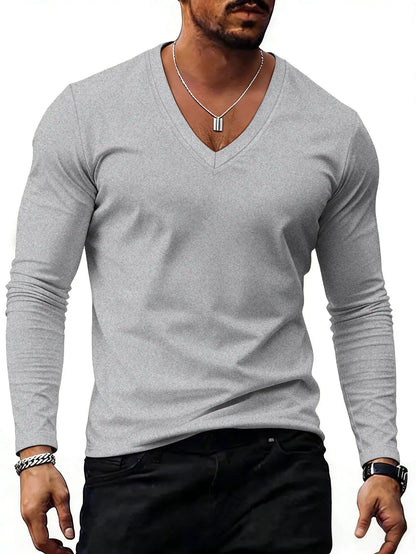 Men V Neck Solid Color Long Sleeve T Shirt Casual Slim Fit Basic Tops for Spring Autumn Daily Wear by All Mart Bristol Ltd
