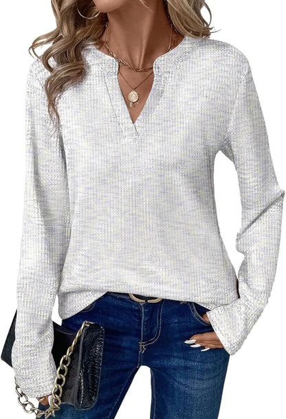 New Womens Notched V-Neck Long Sleeve Space Dye Waffle Knit Blouse Casual Loose Fit Top for Daily Wear by All Mart Bristol Ltd