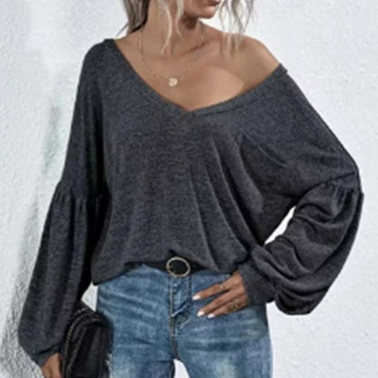 Women's V-neck Solid Color T-shirt Ladies Casual Open Back Pocket Lantern Sleeve Fashion Long Sleeve T-shirt Top by All Mart Bristol Ltd