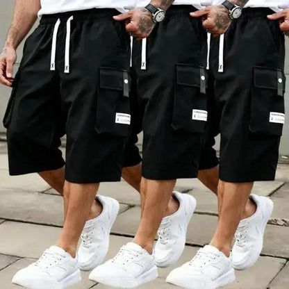 Men'S Summer Casual Cargo Shorts - Elastic Drawstring Waist, Multiple Pockets & Letter Patch Design, Regular Fit Mid-Rise Non-Stretch Fabric for Daily Wear & Leisure Activities, Nontransparent Fabric, Menswear, Minimalist Tiktokshopspringglowup