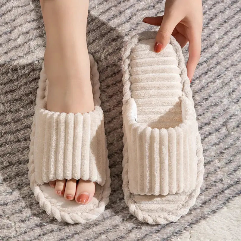Open-Toe Breathable House Slippers for Women, Non-Slip Indoor Flat Comfort Striped/Solid Bathroom Slides for Hardwood Floors by All Mart Bristol Ltd