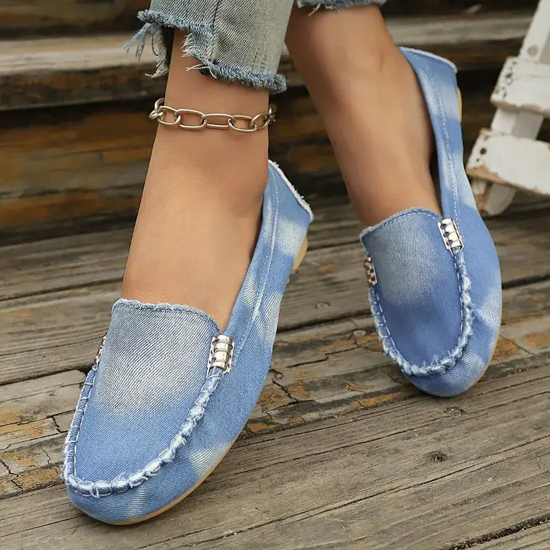 Fashion Light Blue Denim Moccasins Slip on Flat Loafers with Metal Buckle Casual Comfort Daily Shoes by All Mart Bristol Ltd