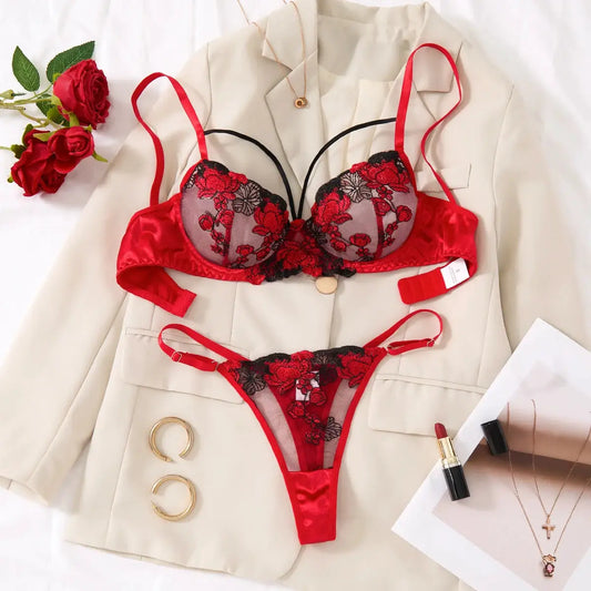 A set of sexy Red lingerie, including a bra and panties with daisy patterns, as well as a comfortable home-style ZA825127 by All Mart Bristol Ltd