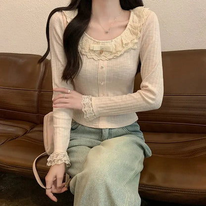 Women's 2026 Spring Autumn New Sweet Cute Lace Thin Short Slim Fit Crew Neck Long Sleeve T Shirt Base Top by All Mart Bristol Ltd