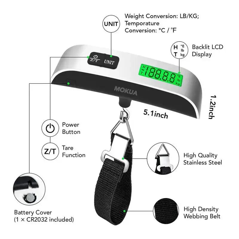 PQRQP Portable Digital Luggage Scale, Pet Scale for Accurate Weighing, 110Lbs Hanging Baggage Scale with Backlit LCD Display, Portable Suitcase Weighing Scale, Travel Luggage Weight Scale with Hook, Strong Straps for Travelers by All Mart Bristol Ltd