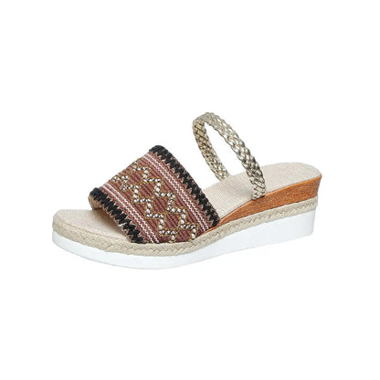 New Color-blocked Wave-patterned Sandals Summer Fashion Wedges Slippers Outdoor Ethnic Style One-line Thick-soled Shoes For Women by Dropshipman