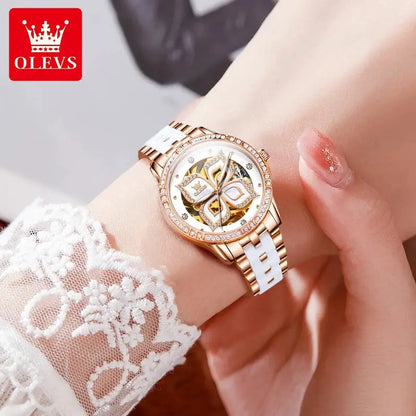 OLEVS Elegant Fashion Women's Watches Lucky Four-Leaf Clover Dial Original Brand Automatic Mechanical Wristwatch Ceramics Strap by All Mart Bristol Ltd