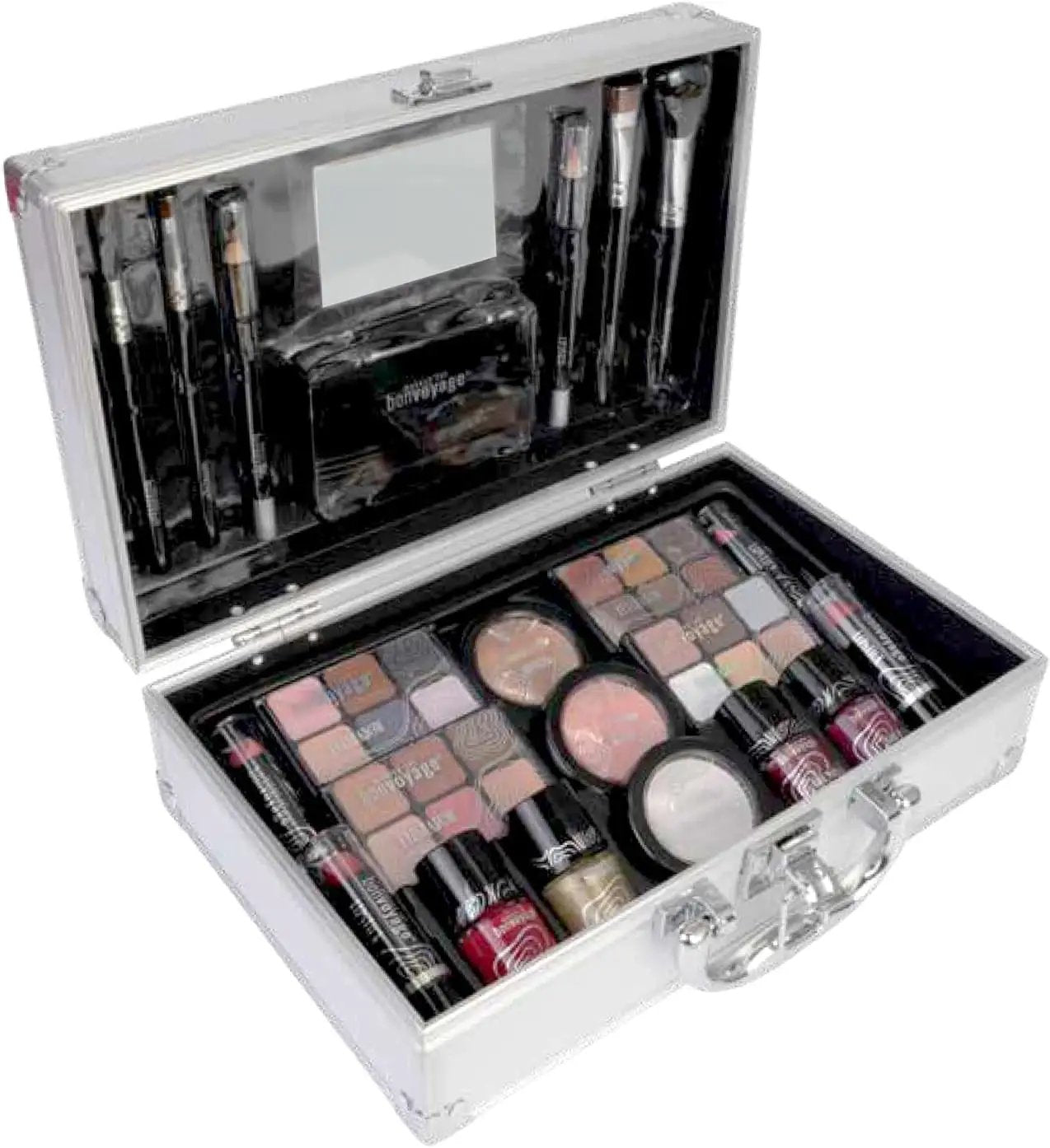 Ultimate Makeup Kit - All-in-One Portable Set with Lipsticks, Eyeshadows, Blush, Nail Polish, Mirror & Brushes in Stylish Metal Train Case by All Mart Bristol Ltd
