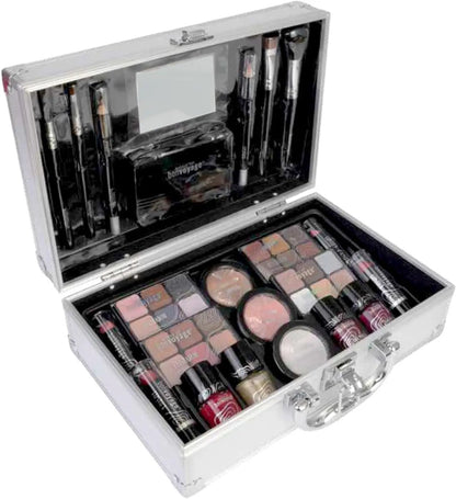 Ultimate Makeup Kit - All-in-One Portable Set with Lipsticks, Eyeshadows, Blush, Nail Polish, Mirror & Brushes in Stylish Metal Train Case by All Mart Bristol Ltd