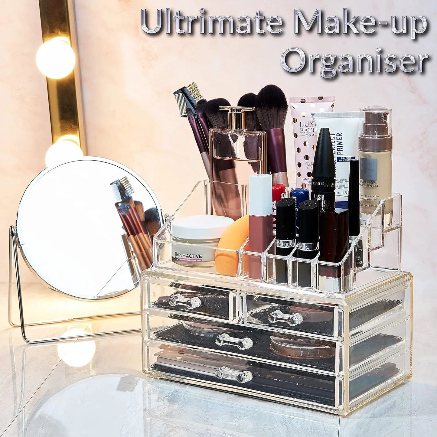 Stylish Acrylic Makeup Organizer for Women & Teens - 4-Tier Clear Storage Box for Cosmetics, Jewelry & Skincare - Perfect for Bathroom & Dressing Table by All Mart Bristol Ltd