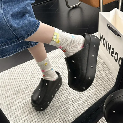 2026 New Spring Summer Women Closed Toe Half Slippers, Minimalist Design Metal Star Decor Platform Height Increasing Birken Style Comfort Outdoor Slides by Dropshipman