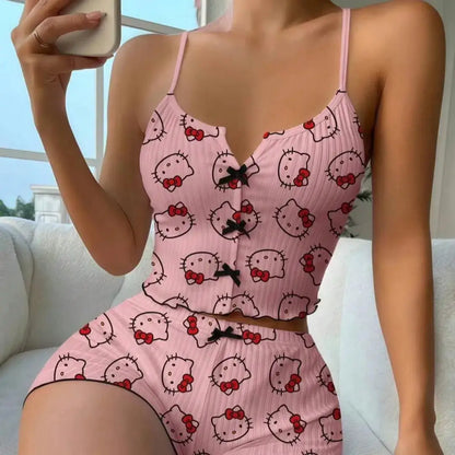 Sanrio Hello Kitty Bowknot Suspender Top Shorts Casual 2pcs Pajama Set Fashionable Thin Shoulder Strap Sexy Sleepwear Soft Pj by All Mart Bristol Ltd