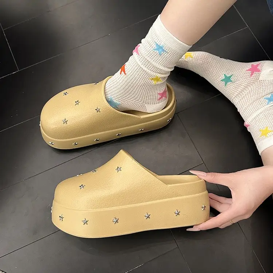 2026 New Spring Summer Women Closed Toe Half Slippers, Minimalist Design Metal Star Decor Platform Height Increasing Birken Style Comfort Outdoor Slides by Dropshipman