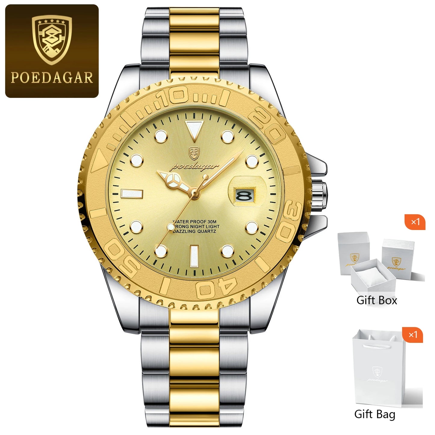 POEDAGAR Trendy Sport Man Watch Luminous Waterproof Stainless Steel Date Men Wristwatch Luxury Business Men's Quartz Watches+Box by All Mart Bristol Ltd