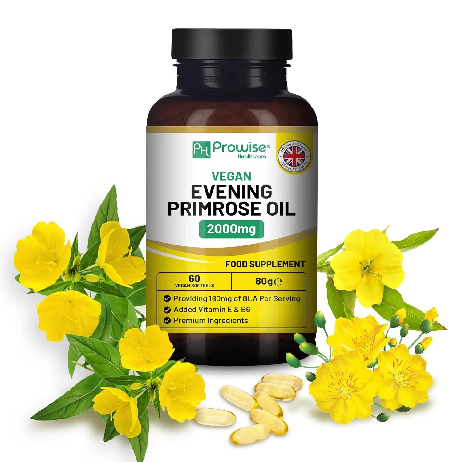Vegan Evening Primrose Oil 2000mg with Vitamin E & B6 ? 60 Vegan Softgels| Pure Cold Pressed I 180mg GLA per Capsule I Women's Health I Premium Quality I by Prowise Healthcare by Prowise Healthcare