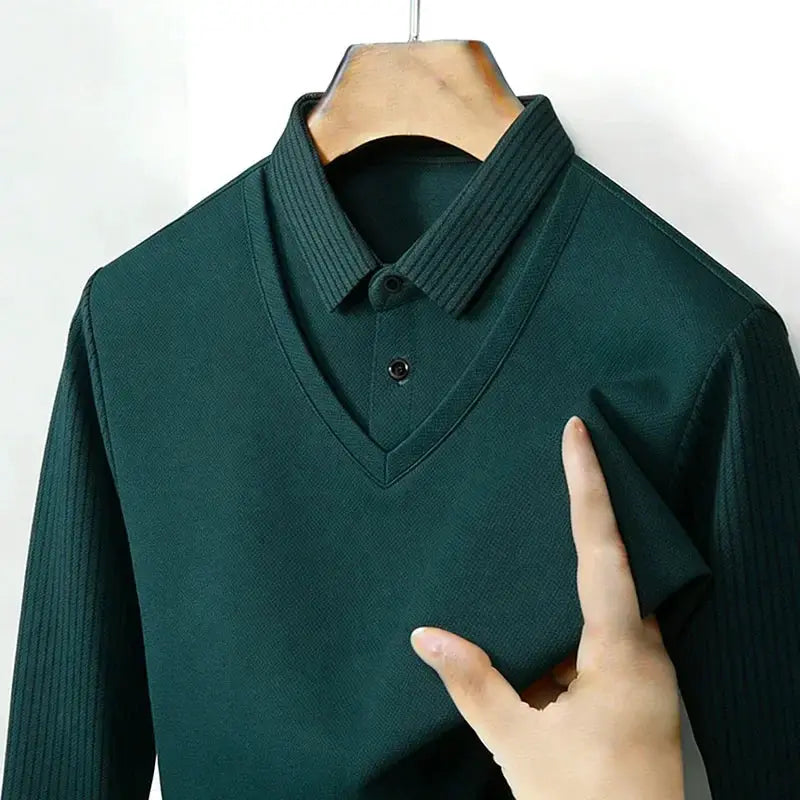 Men's Fake Two Piece Shirt Collar V Neck Long Sleeve Top Khaki Striped Casual Fashion Soft Fabric Daily Wear Blouse by All Mart Bristol Ltd