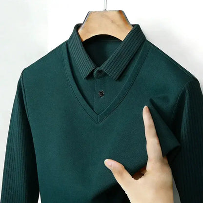 Men's Fake Two Piece Shirt Collar V Neck Long Sleeve Top Khaki Striped Casual Fashion Soft Fabric Daily Wear Blouse by All Mart Bristol Ltd