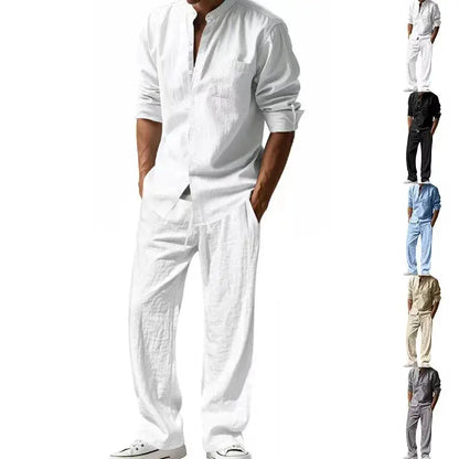 2026 Four Seasons Linen Men's Casual Loose Breathable Long Sleeve Pants Shirt Set by All Mart Bristol Ltd