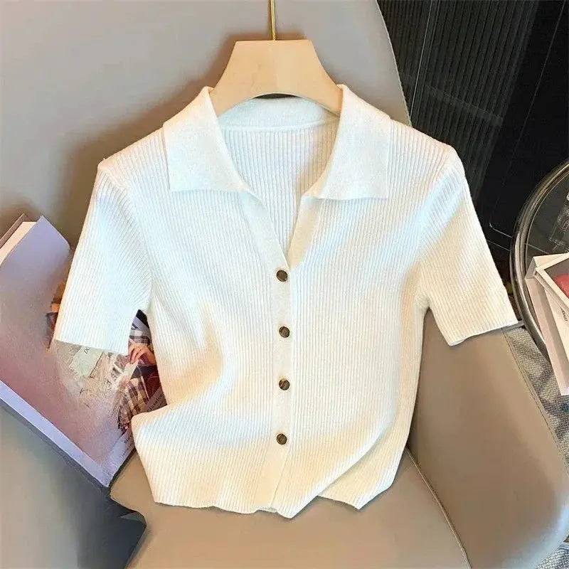 Chic Knitted Polo-neck Shirt Women's 2025 Korean Summer Thin Cardigan Short Sleeve T-Shirt Casual Single Breasted Knitwear Tops by All Mart Bristol Ltd