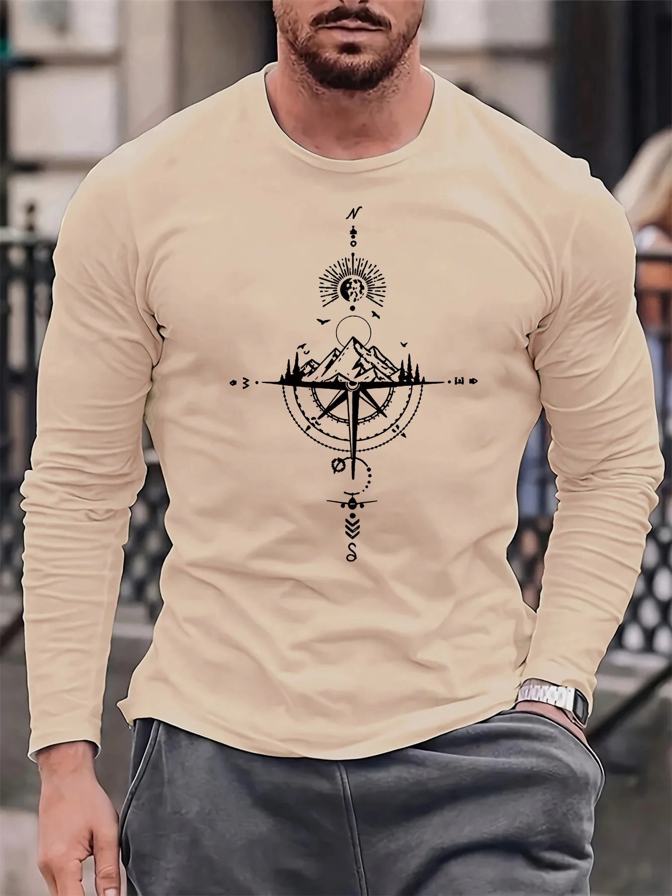 100% pure cotton men's long sleeved round neck loose casual mountain and compass printed spring and autumn versatile T-shirt by All Mart Bristol Ltd