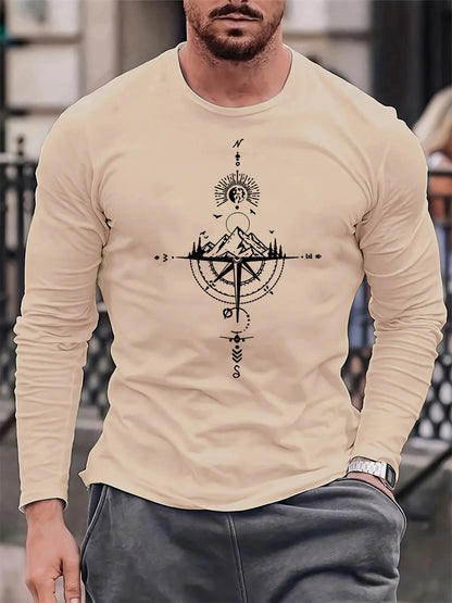 100% pure cotton men's long sleeved round neck loose casual mountain and compass printed spring and autumn versatile T-shirt by All Mart Bristol Ltd