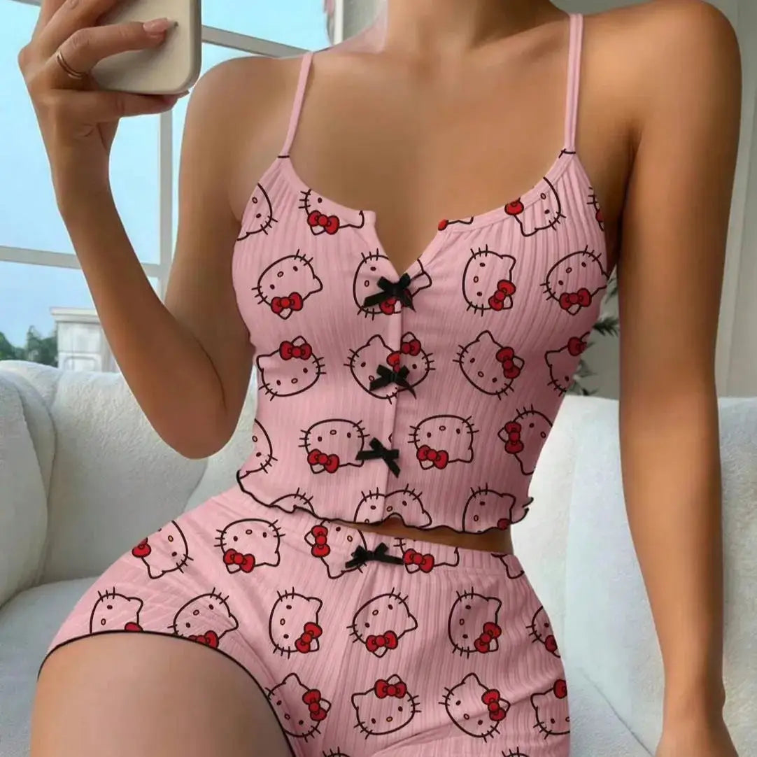 Sanrio Hello Kitty Bowknot Suspender Top Shorts Casual 2pcs Pajama Set Fashionable Thin Shoulder Strap Sexy Sleepwear Soft Pj by All Mart Bristol Ltd