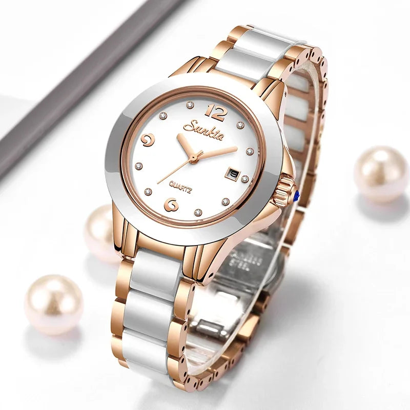 Sunkta Fashion Casual Quartz Woman Watch Elegant Luxury Ceramics Diamond Calendar Waterproof Ladies Women's Watches Montre Femme by All Mart Bristol Ltd
