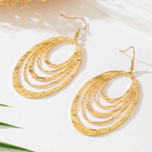 European And American Fashion Elegant 3 Layer Hollow Oval Shaped Big Gold-color Stainless Steel Dangle Drop Earrings by Dropshipman