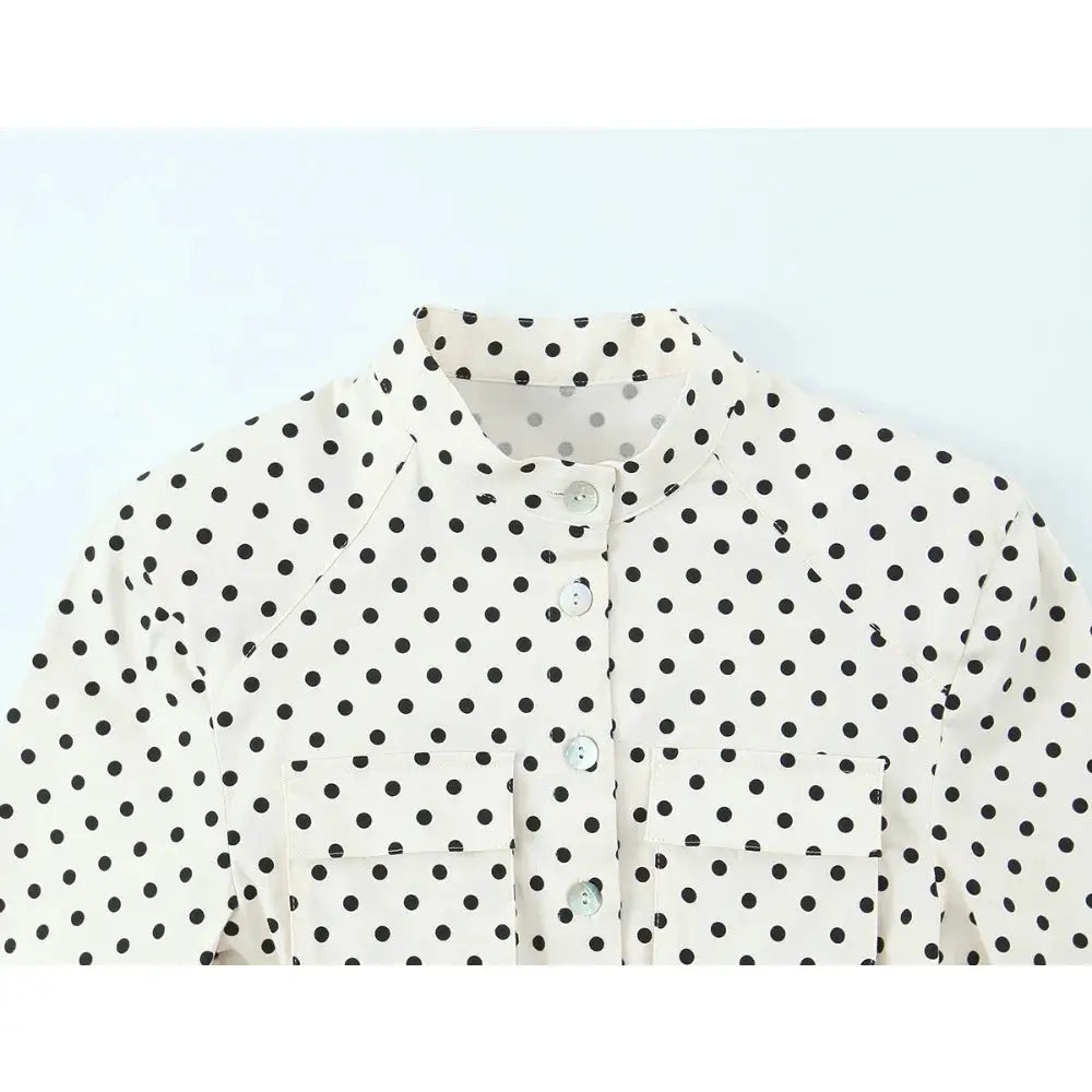 Elegant Chic Fitted Polka Dot 2 Piece Sets for Women Spring New Matching Sets Polka Dot Shirt Jacket with Tie Belt + Capri Pants by All Mart Bristol Ltd